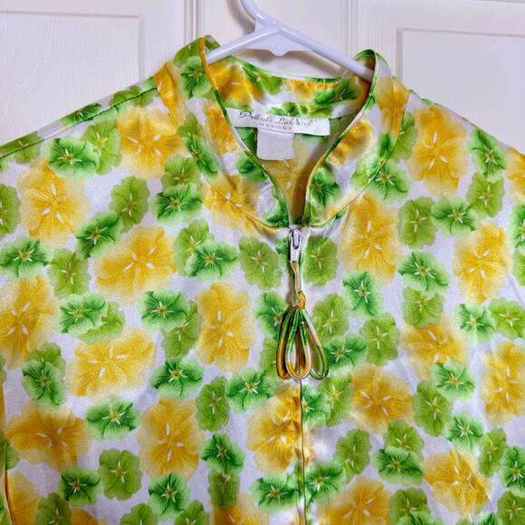VTG Private Luxuries Natori Nightgown Floral Satin Zip Front Lounge Yellow Green - Picture 3 of 5